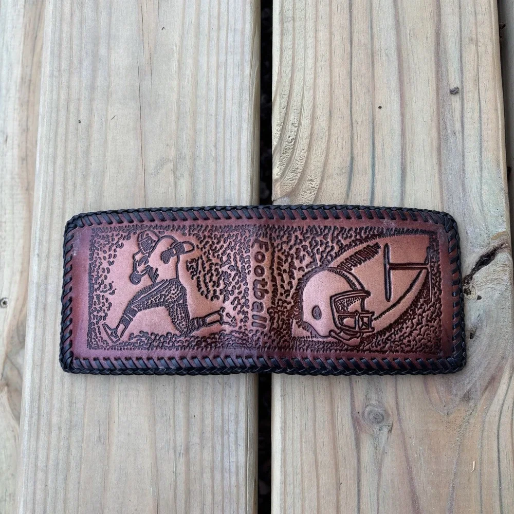Vintage Leather Wallet Fish Football Sports Hand Tooled Whipstitch USA Brown